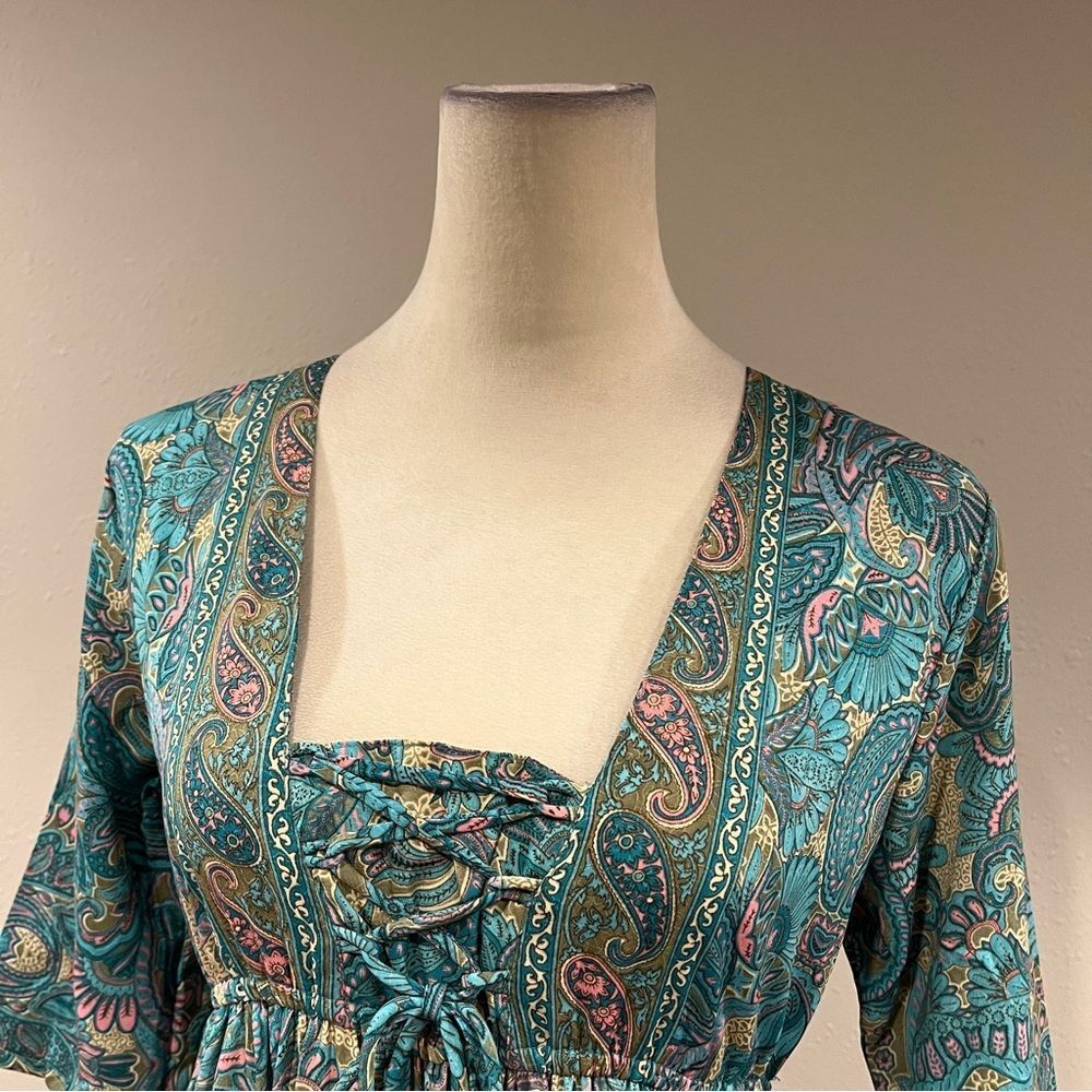 Boemo Anthropologie Turquoise Paisley Bohemian Peasant Maxi Boho Dress s‎ medium - Picture 2 of 12